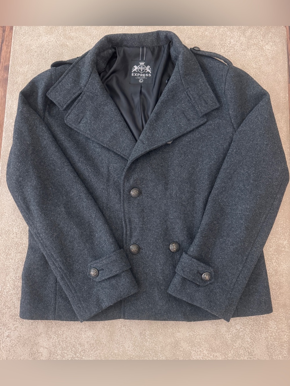 Express Men's Wool Blend Pea Coat Large Gray Military Jacket Zip Pockets